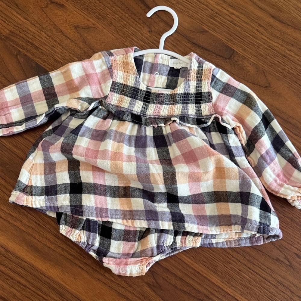 Angel Dear Pastel Plaid Long-Sleeve Dress with Bloomers
